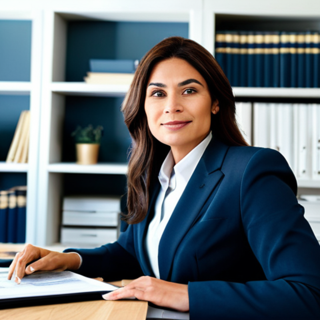 **
"A professional female lawyer in a modern, well-organized home office. She is wearing a tailored business suit, fully clothed, appropriate attire, sitting at a desk with a computer and organized documents. The background shows bookshelves and a calming color palette. Safe for work, perfect anatomy, natural proportions, professional photography, high quality, family-friendly, focused on organization and productivity."
**