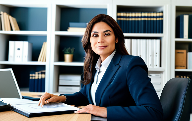 **
"A professional female lawyer in a modern, well-organized home office. She is wearing a tailored business suit, fully clothed, appropriate attire, sitting at a desk with a computer and organized documents. The background shows bookshelves and a calming color palette. Safe for work, perfect anatomy, natural proportions, professional photography, high quality, family-friendly, focused on organization and productivity."
**