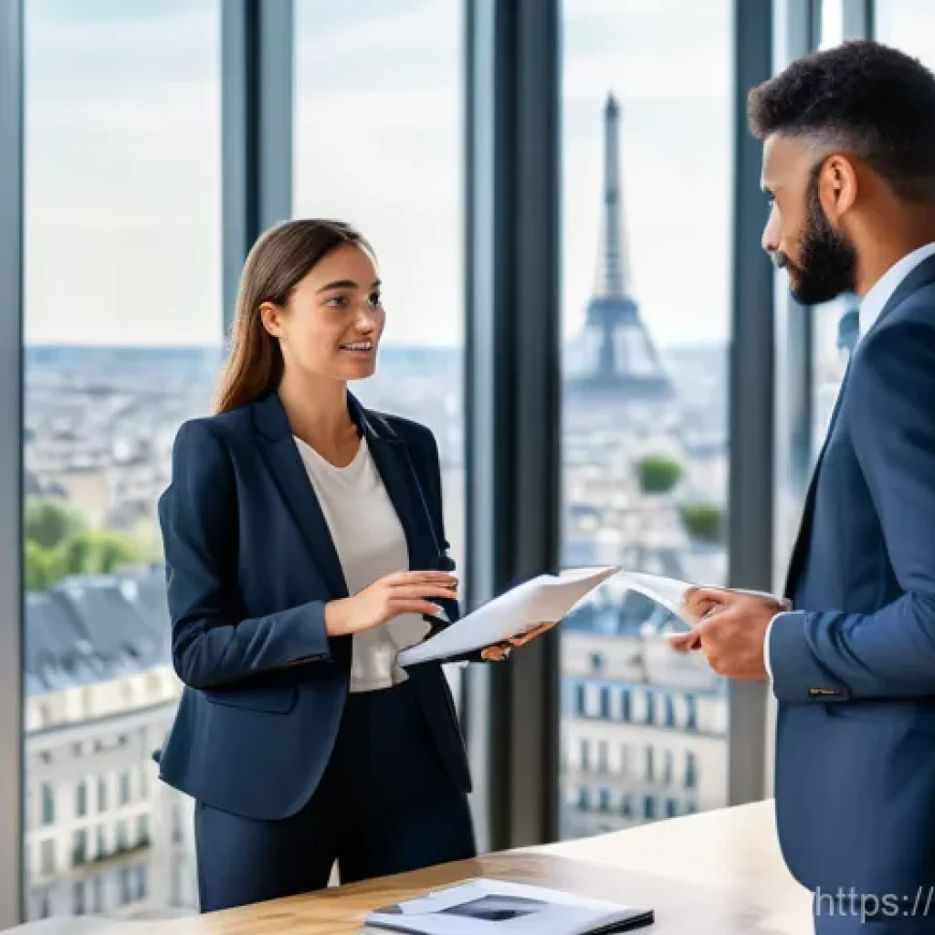 노무사 자격증의 활용 방안 - **"A vibrant and professional scene inside a modern French corporate office. A diverse group of four...