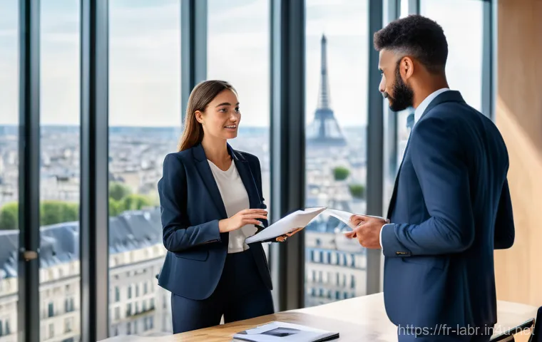 노무사 자격증의 활용 방안 - **"A vibrant and professional scene inside a modern French corporate office. A diverse group of four...