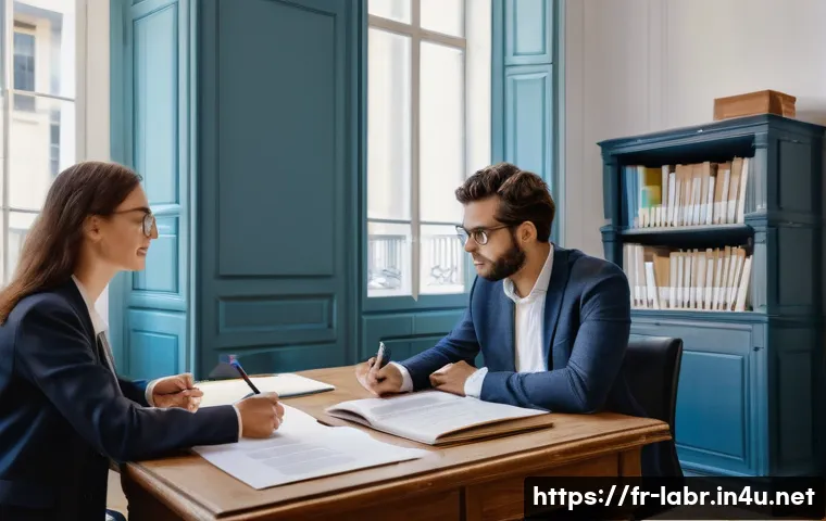 노무사와 근로계약 검토 사례 - A professional office scene showing a French employee carefully reviewing a detailed employment cont...