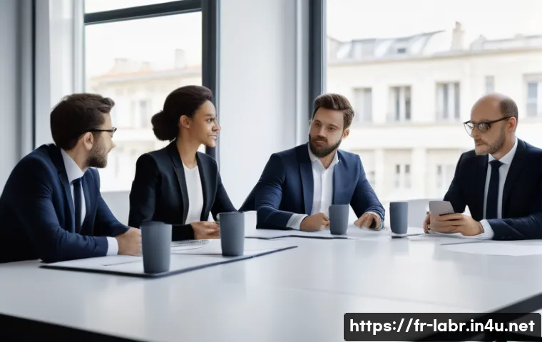 노무사의 업무 분장 사례 - A professional business meeting scene in a modern French office, showing diverse representatives of ...