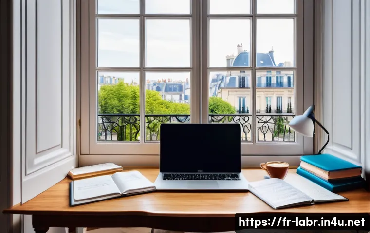 공인노무사 시험 준비 필수 도서 - A cozy study room scene designed for a French law student preparing for the social law advisor exam....