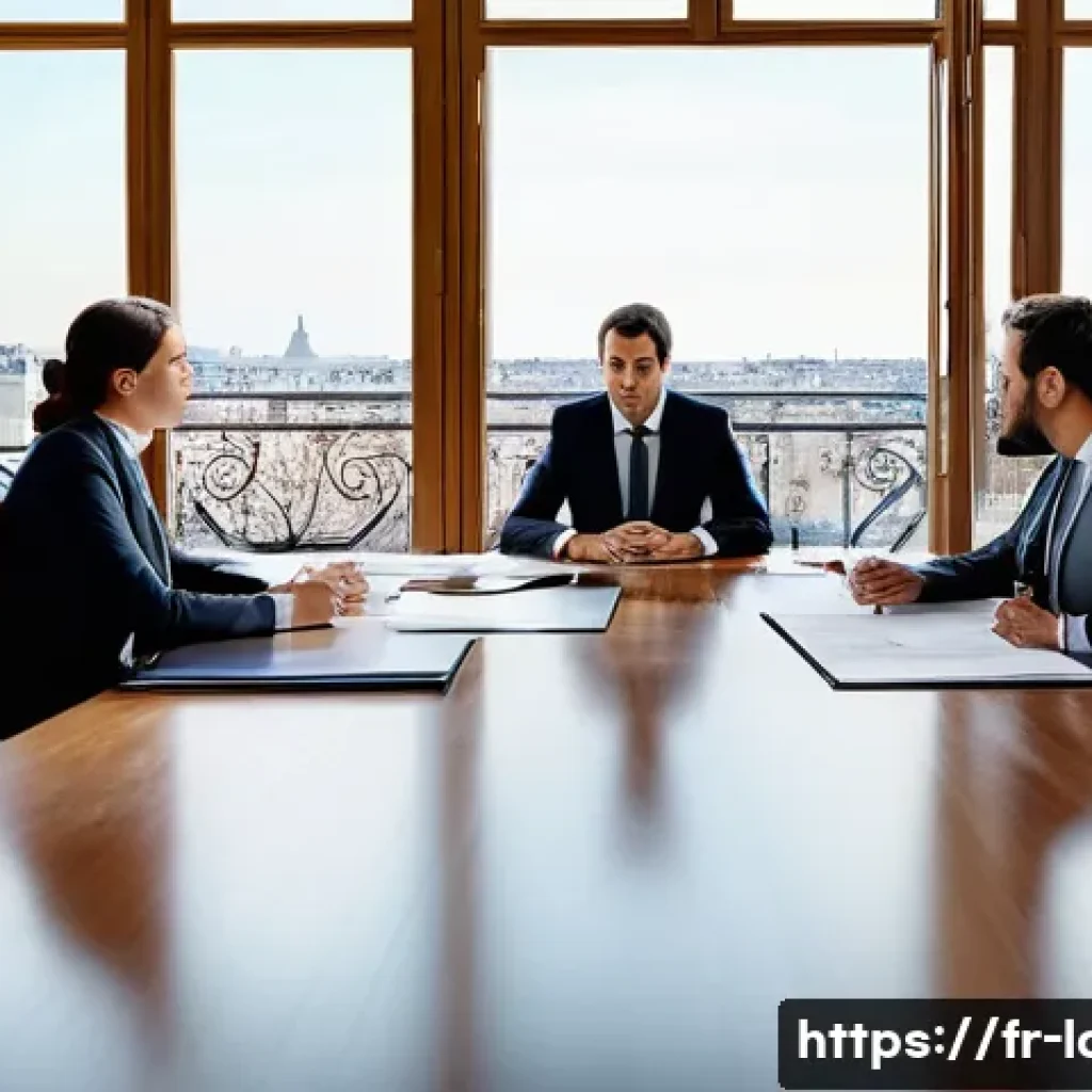 공인노무사 합격 후 진로 선택 - A professional legal office scene in Paris, featuring a diverse team of lawyers and labor law specia...