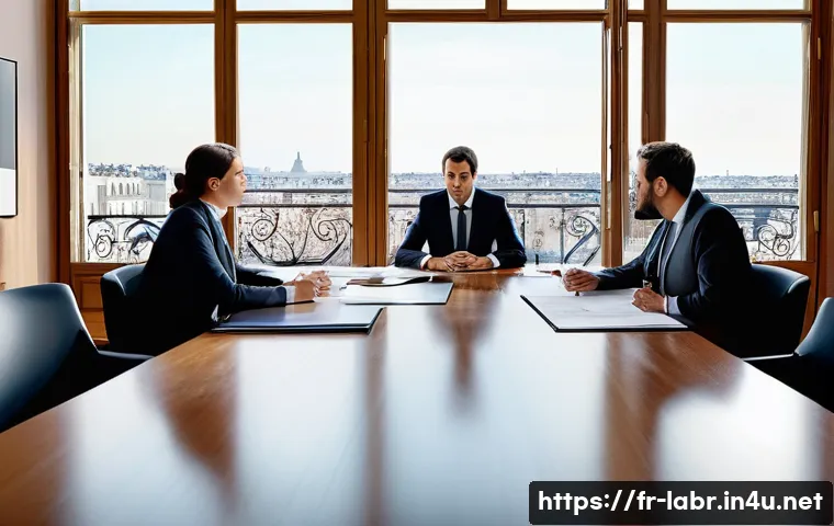 공인노무사 합격 후 진로 선택 - A professional legal office scene in Paris, featuring a diverse team of lawyers and labor law specia...