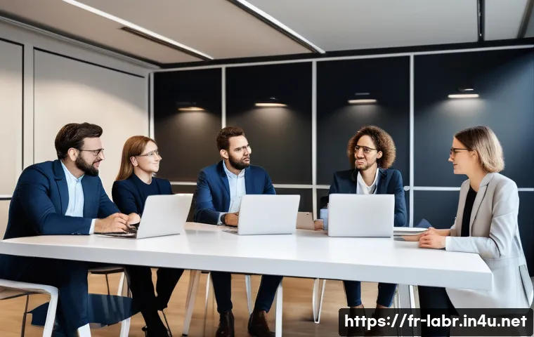 노무사의 실무 경험 공유 - A modern corporate office setting in Paris, showing a diverse group of French employees and managers...