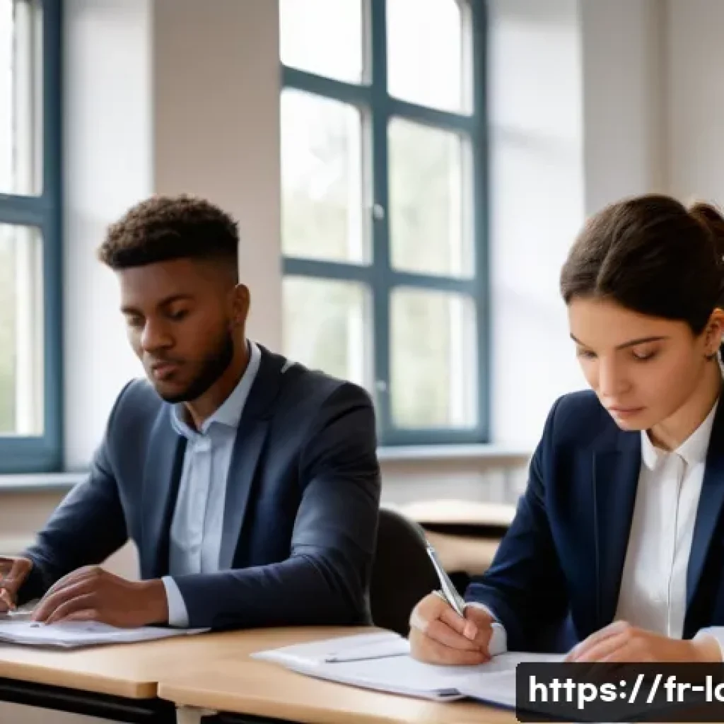 노무사 시험의 합격자 평균 점수 - A diverse group of adult professional candidates in a modern French classroom setting, attentively p...