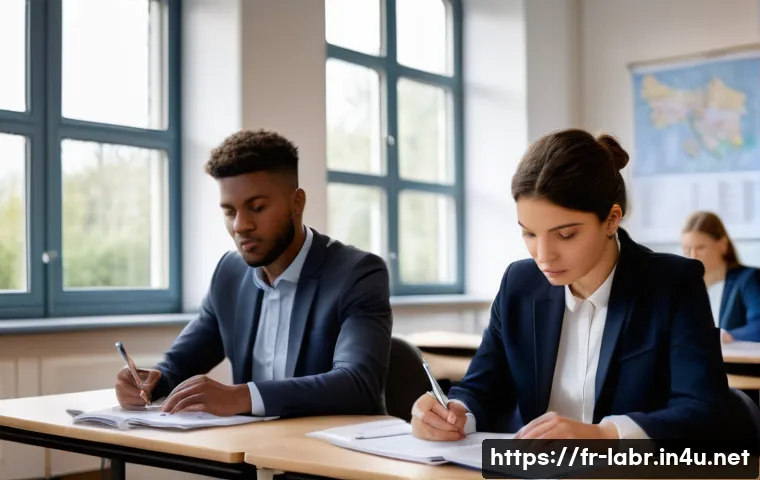 노무사 시험의 합격자 평균 점수 - A diverse group of adult professional candidates in a modern French classroom setting, attentively p...