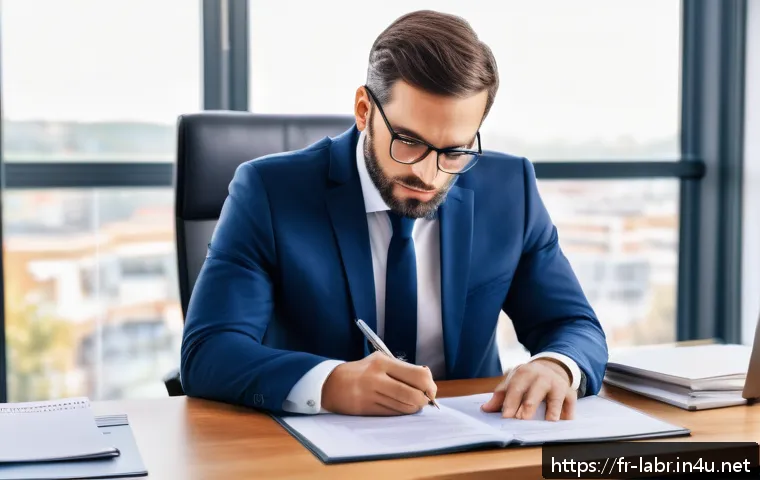 노동법 주요 판례 정리 - A professional French human resources manager in a modern office setting, carefully reviewing a deta...