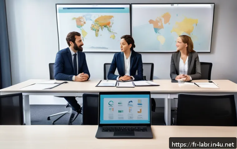 공인노무사 실무 교육 프로그램 - A modern human resources office scene in a French corporate environment, showing a diverse group of ...