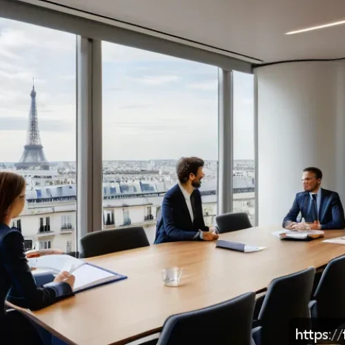 Home 30 노무사 자격증을 활용한 취업 사례 - A modern corporate HR office scene in Paris, featuring diverse French professionals in business atti...