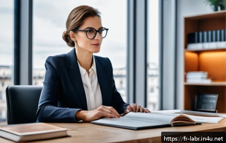 노무사로서의 업무 윤리 사례 - A professional legal advisor in a modern Parisian office, dressed in formal business attire and wear...