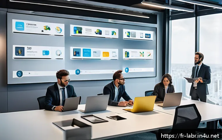 노무사 시험에 출제된 법령의 변화 - A modern French office scene showing a diverse group of employees engaged in a hybrid work meeting, ...