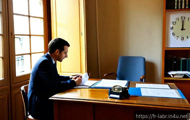 공인노무사 시험의 실기 대비법 - Photorealistic French labor law practical exam preparation, focused adult candidate in a bright Pari...