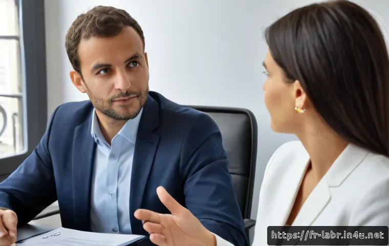 노무사로서의 의사소통 스킬 - Photorealistic French labor relations consultant in a bright Paris office, calmly listening to an em...