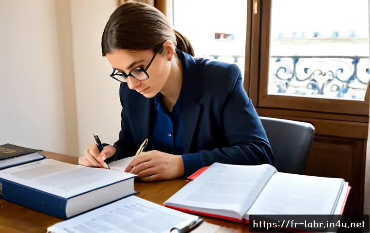 노동법 시험에 자주 나오는 문제 - Photorealistic French labour law exam preparation scene, mature university student seated at a tidy ...