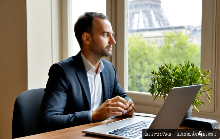 Home 17 노무사로서의 직무 스트레스 관리 - Photorealistic French labor law consultant in a calm Paris office, taking a mindful pause at a tidy ...